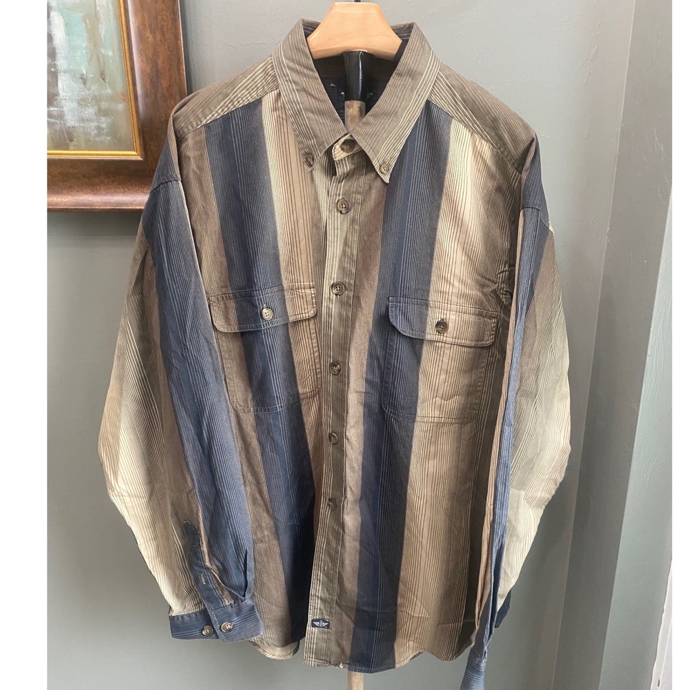 Dockers Mens XL Long Sleeve Button Down Shirt‎ Earth Tone Block Stripe Cotton